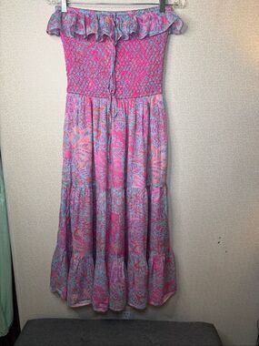 NWT Jen’s Pirate Booty pink floral strapless and smocked midi dress
